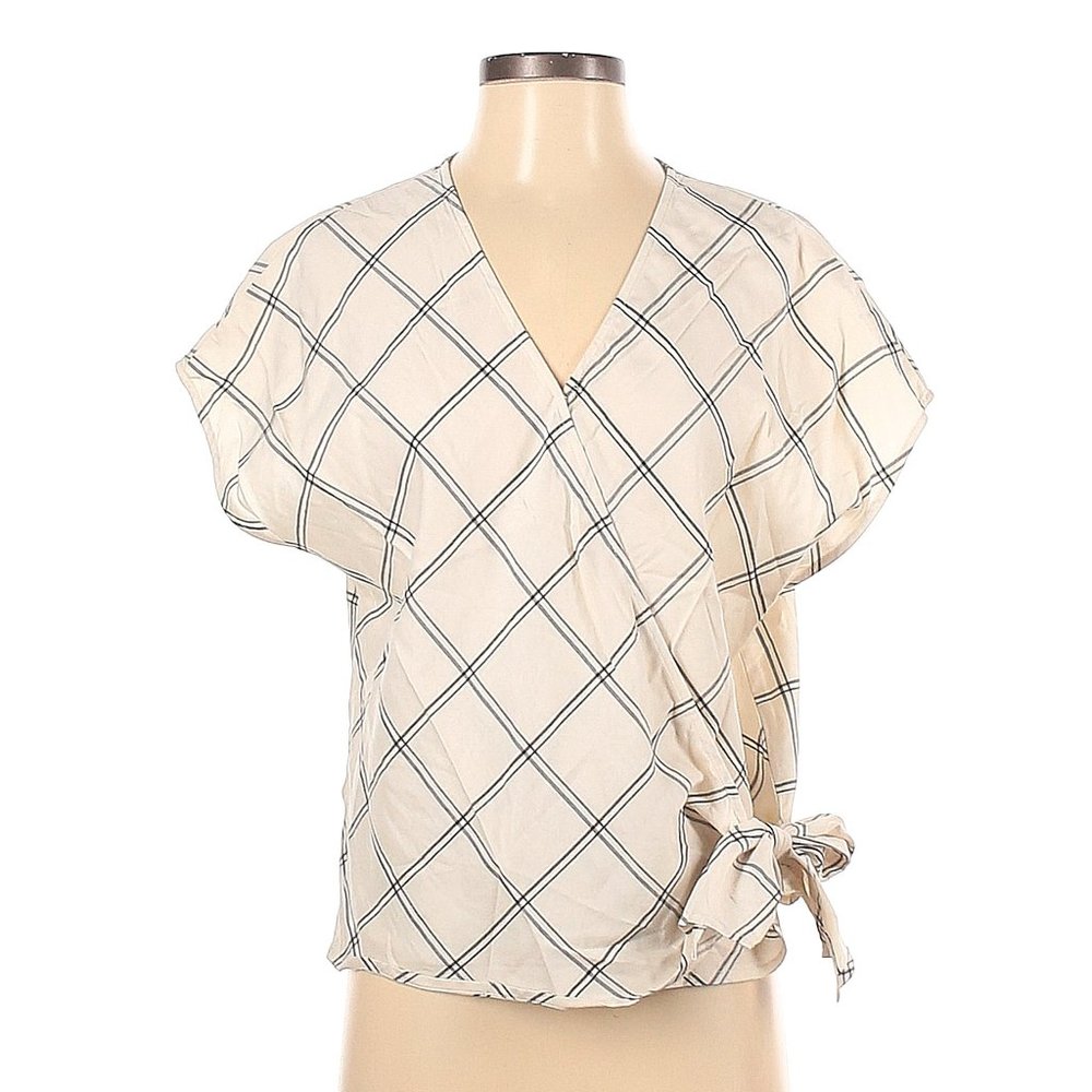 Banana Republic Factory Size M Wrap Black White Plaid V-Neck Short Sleeve Blouse